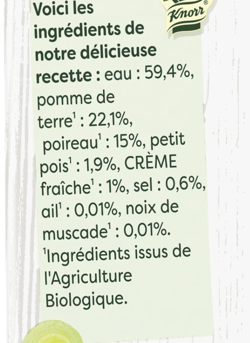 KNORR Soupe Liquide Bio Velouté de Poireaux et Pommes de Terre 750ml - Ingredients - fr