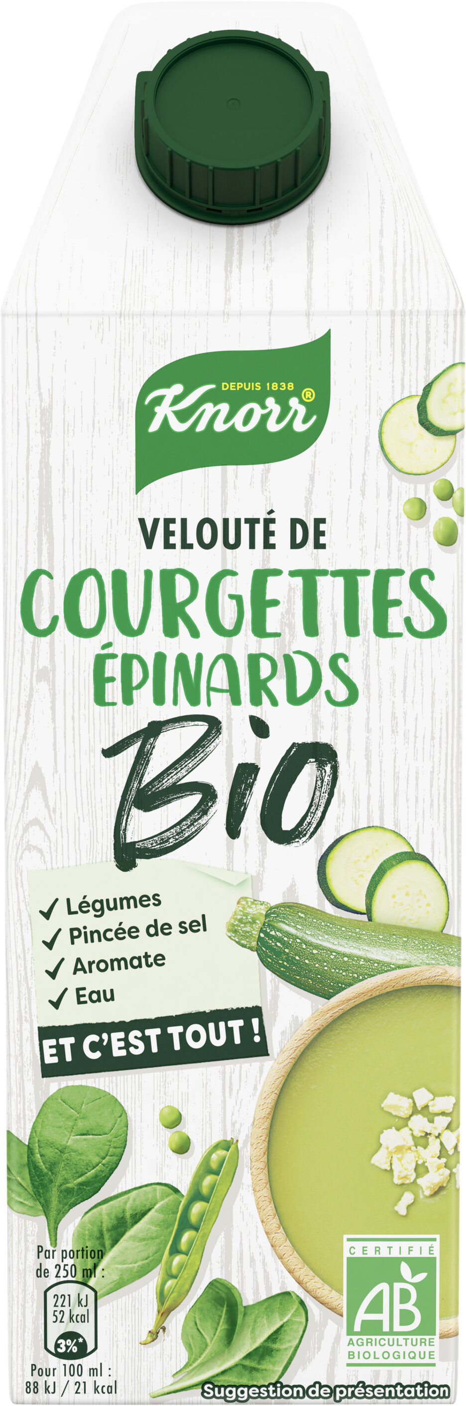 Knorr Et c'est tout Soupe Bio Liquide Velouté Courgettes Epinards Bouteille de 750ml - Produit
