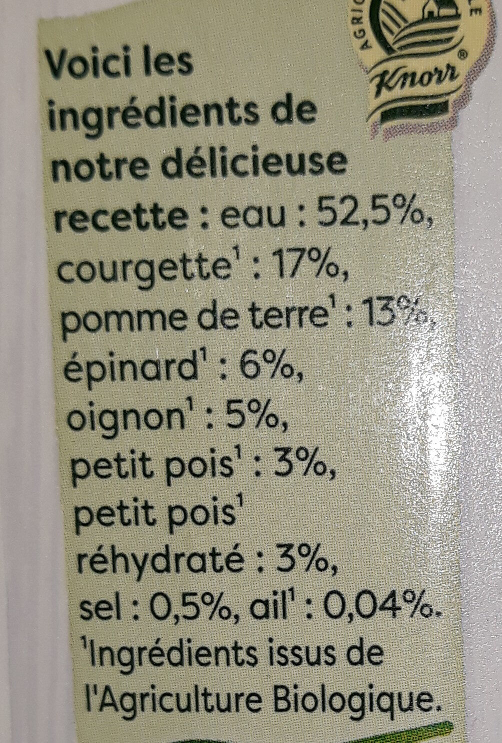 Knorr Et c'est tout Soupe Bio Liquide Velouté Courgettes Epinards Bouteille de 750ml - Ingrédients