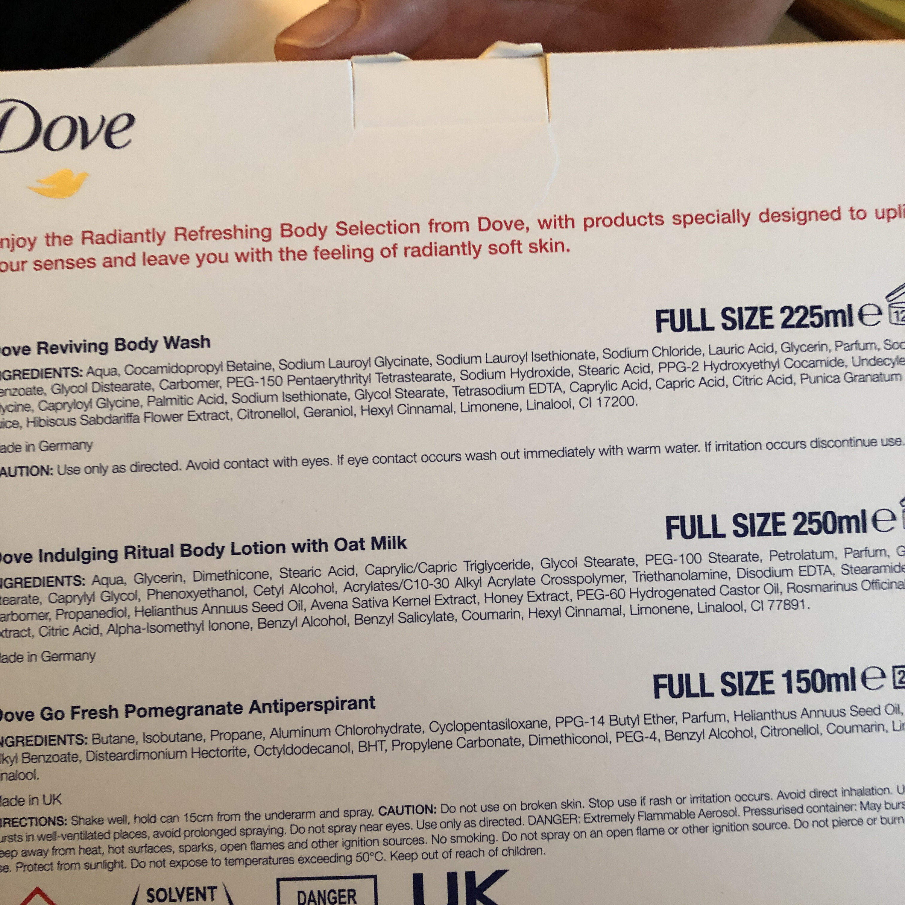 Dove body selection - Ingredients