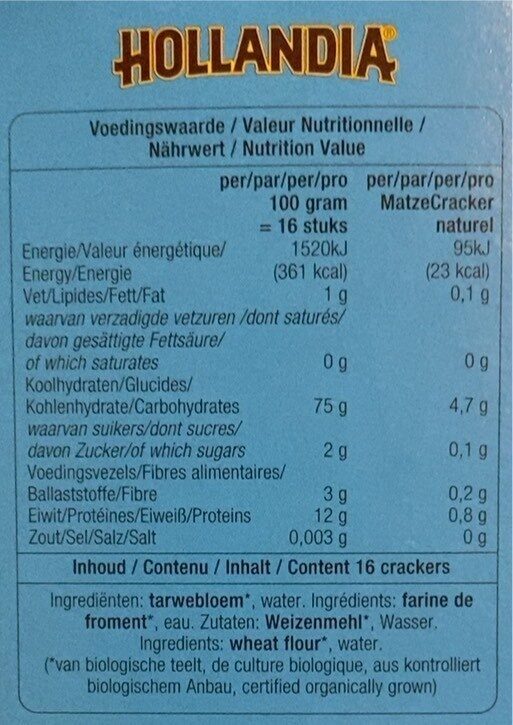 Matze Cracker Nature - Voedingswaarden - en