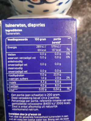 Tuinerwten extra fijn los ingevroren - Nutrition facts - nl