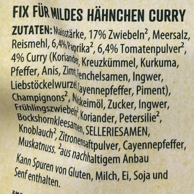 Mildes Hähnchen Curry - Ingrediënten - de