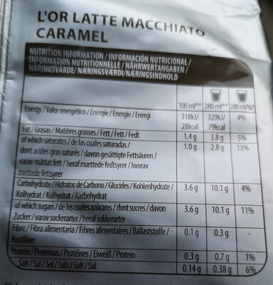 L'OR Latte Macchiato Caramel Coffee Pods 8 Servings - Tableau nutritionnel