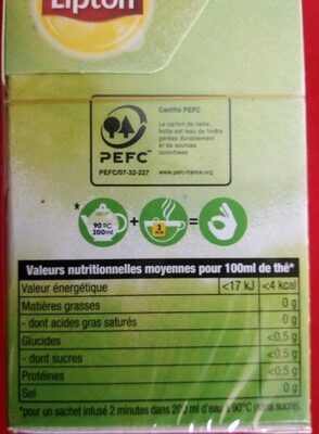 Lipton Thé Vert Matcha 20 Sachets - Tableau nutritionnel