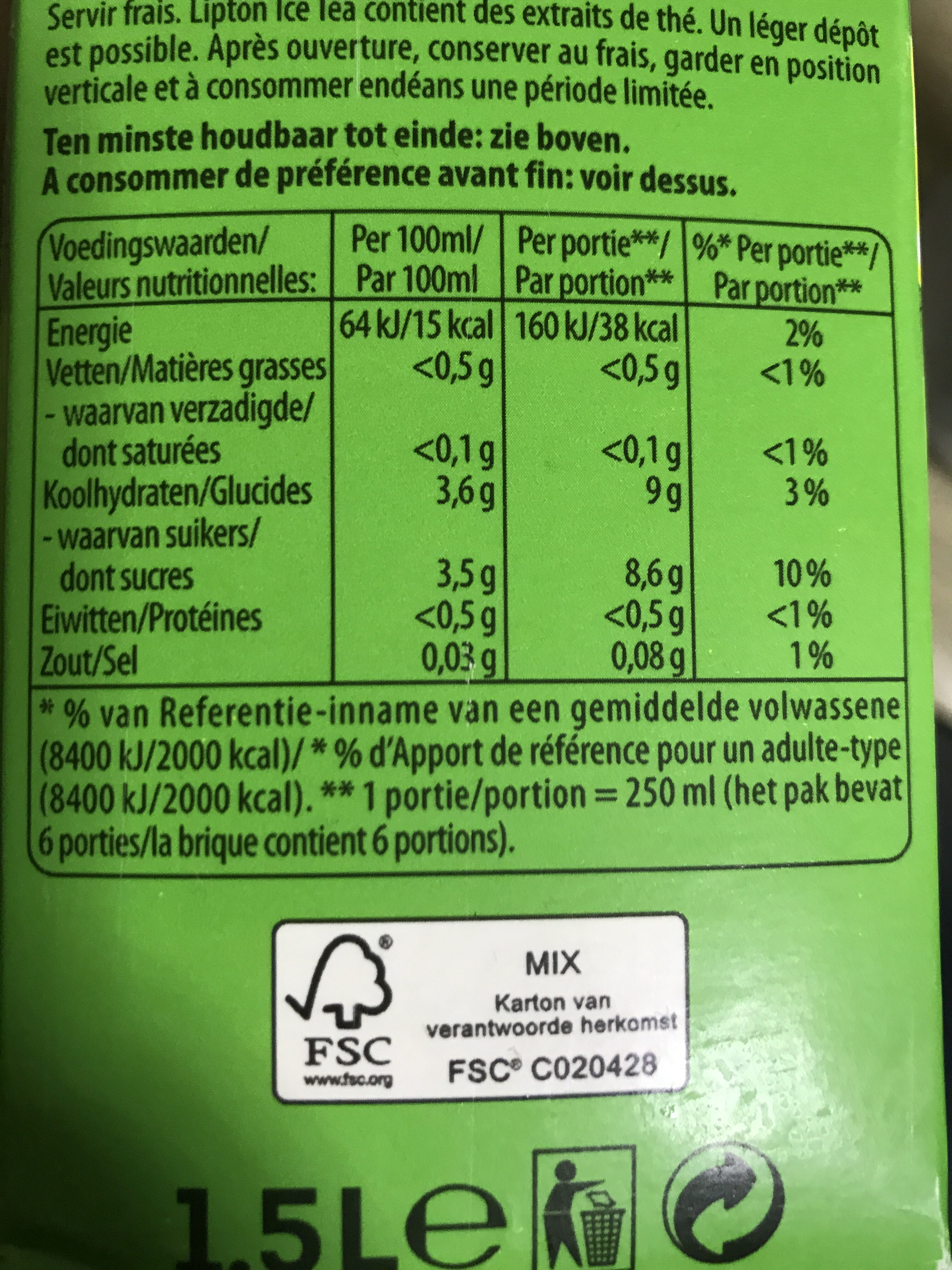 Lipton green ice tea - Voedingswaarden