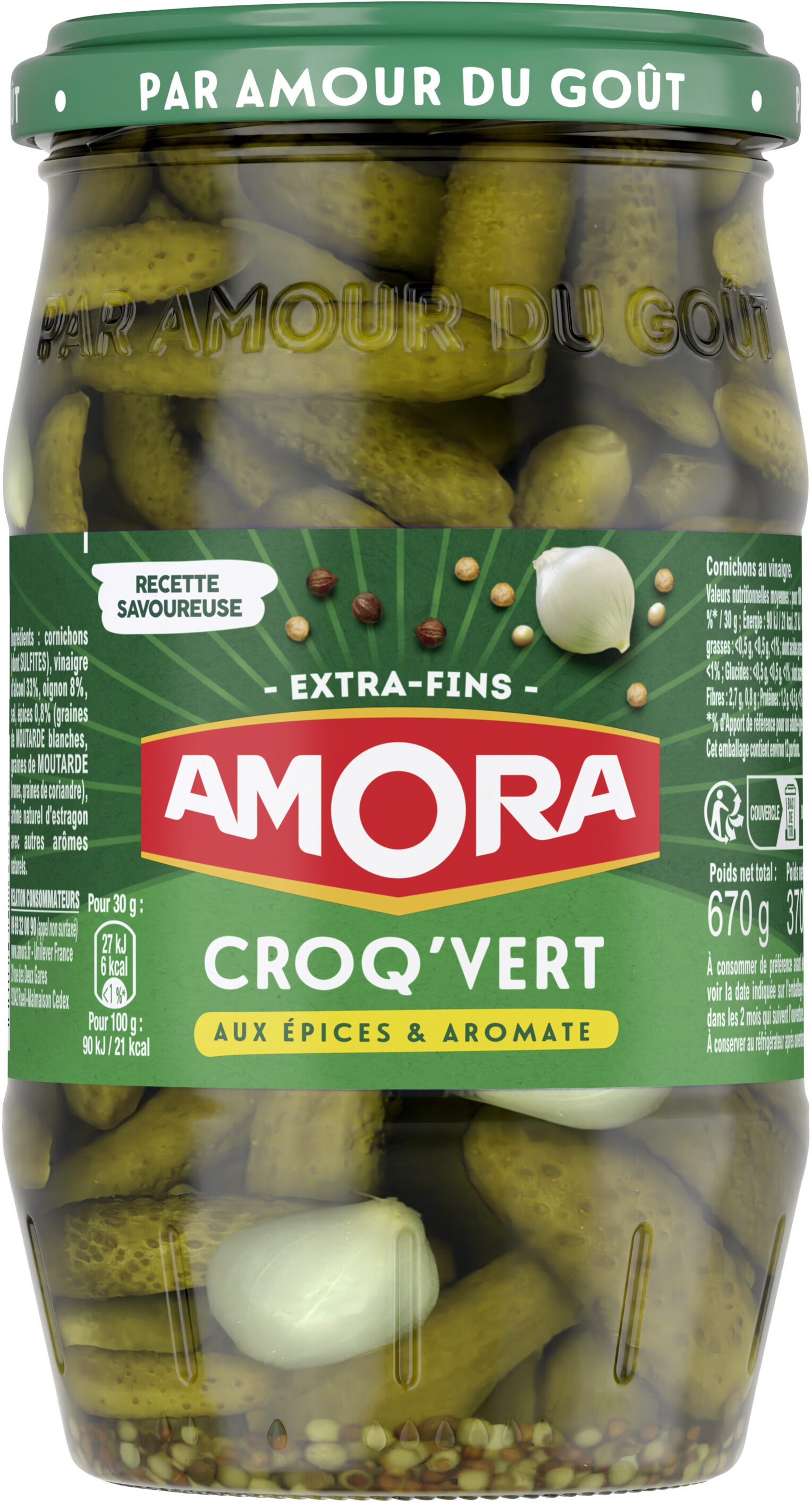 Amora Croq'Vert Cornichons Extra-Fins Bocal 370g - Produit