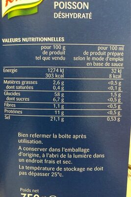 Knorr Fumet de Poisson déshydraté Boîte 750g jusqu'à 50L - Tableau nutritionnel