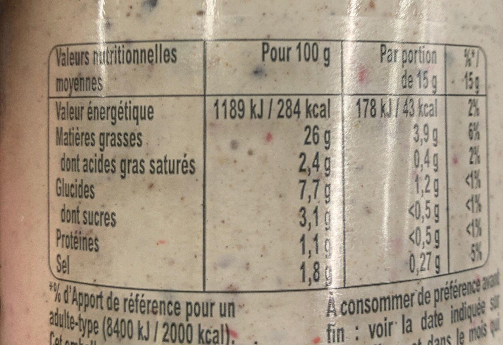 Amora sce poivre boc 188g - Tableau nutritionnel