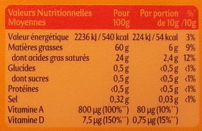 Planta Fin Doux (60 % MG) Tartine & Cuisson - Tableau nutritionnel