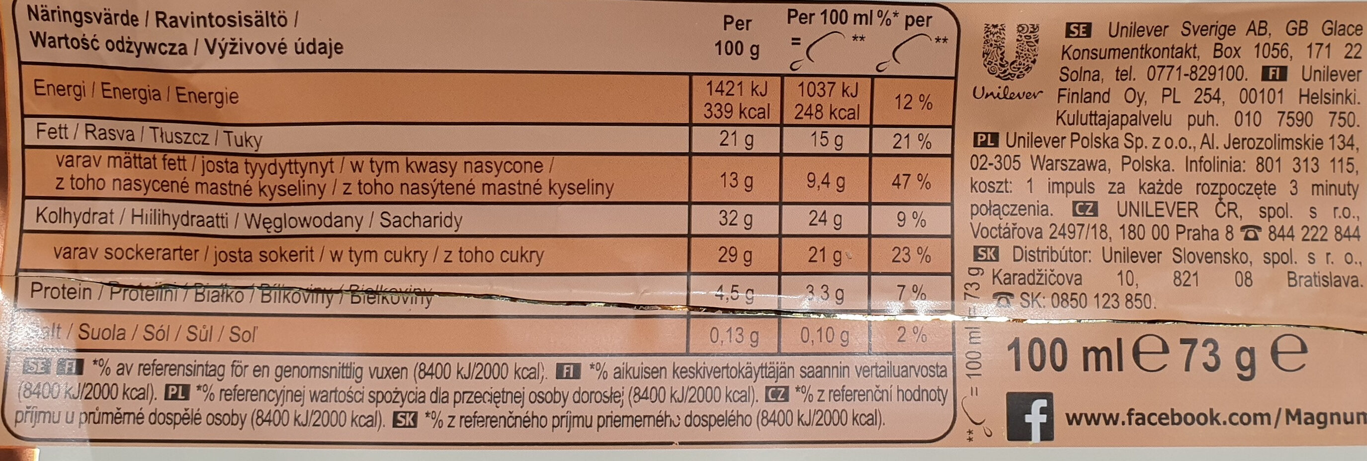 Lody z wanilią z Madagaskaru w białej czekoladzie (28%) z migdałami (5%) - Ravintosisältö - pl