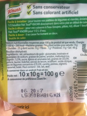 Knorr Bouillon Cube Fait Tout 100% Végétal Lot 2x10 - 200g - Ingrédients