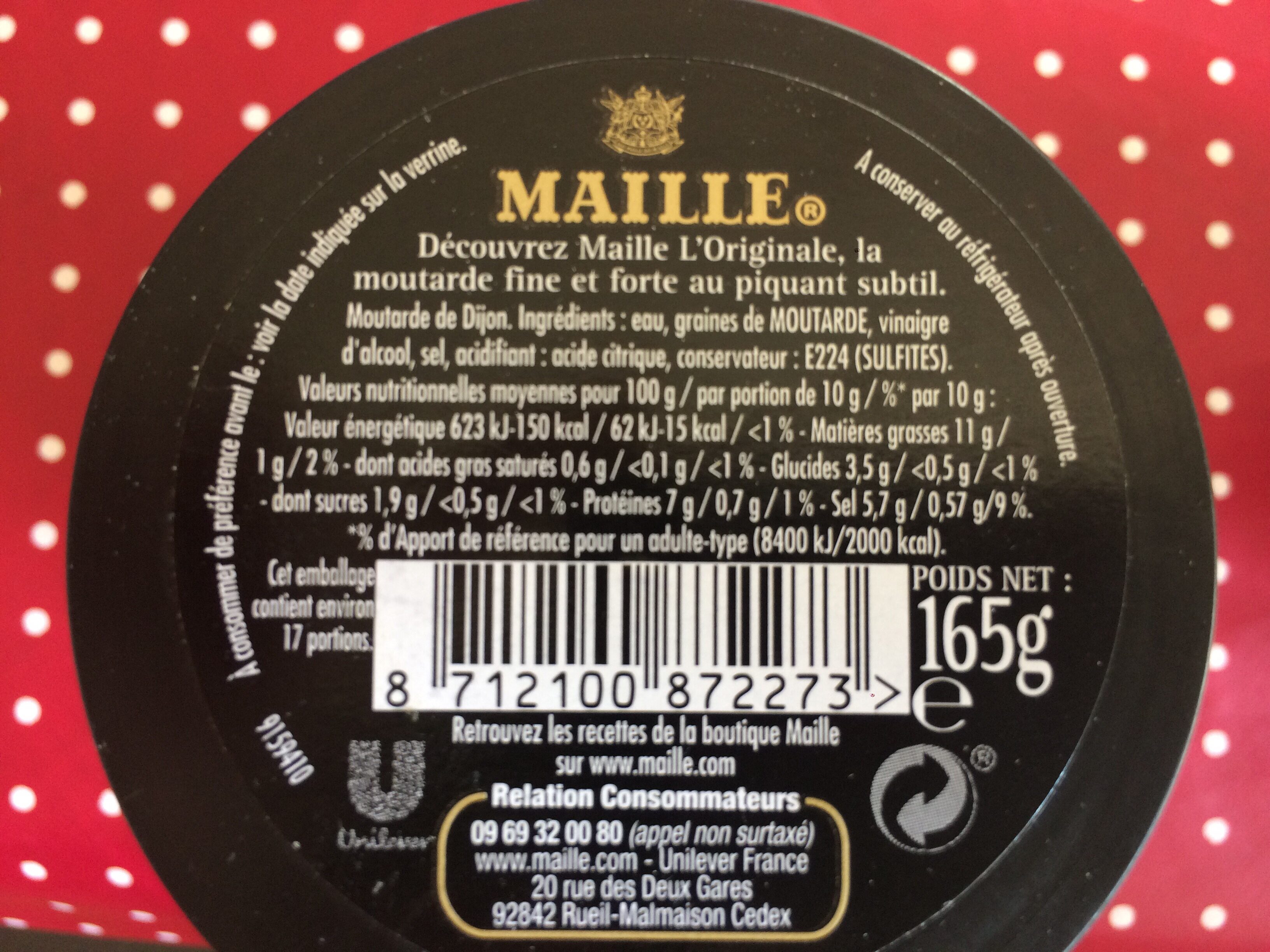 Maille Moutarde Fine De Dijon L'Originale Verrine 165g - Ingredients - fr
