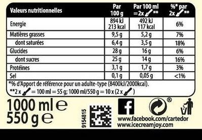 Carte D'or Les Authentiques Glace Stracciatella Bac - Tableau nutritionnel