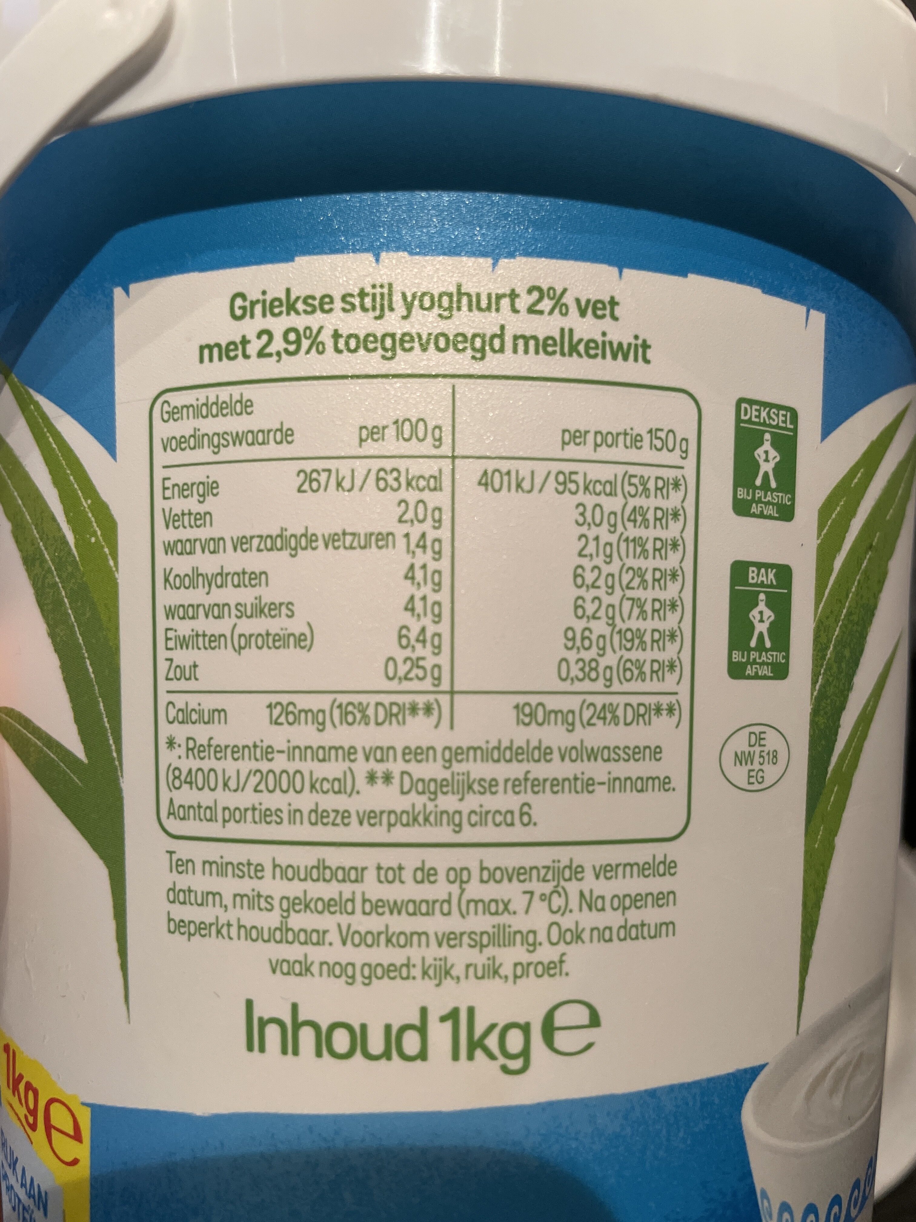 Griekse stijl yoghurt 2% - Voedingswaarden