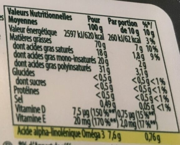 Margarine 100% Végétal sans huile de palme - Información nutricional - fr