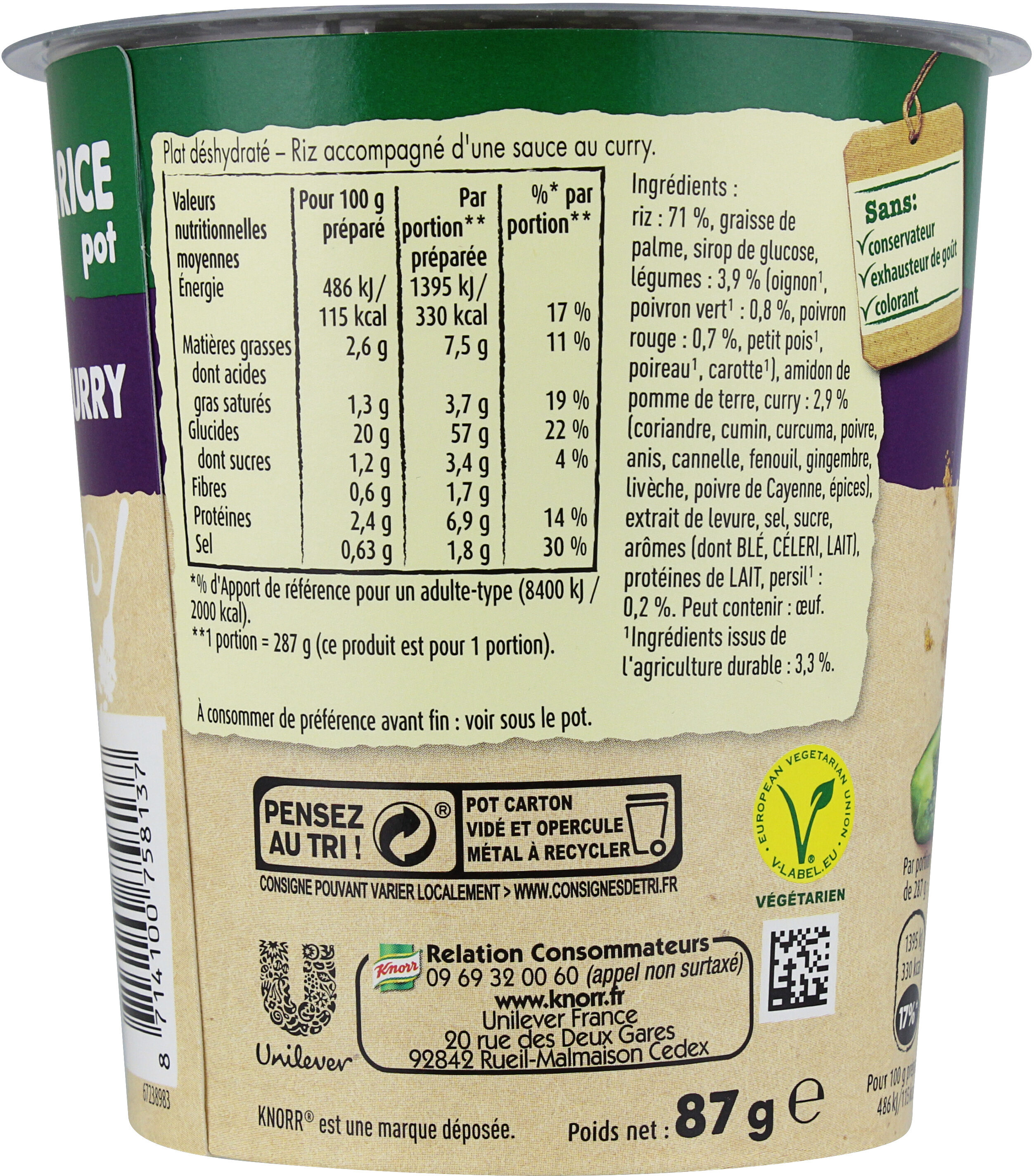 Knorr Préparation Déshydraté Riz avec Sauce au Curry Végétarien 87g - Tableau nutritionnel