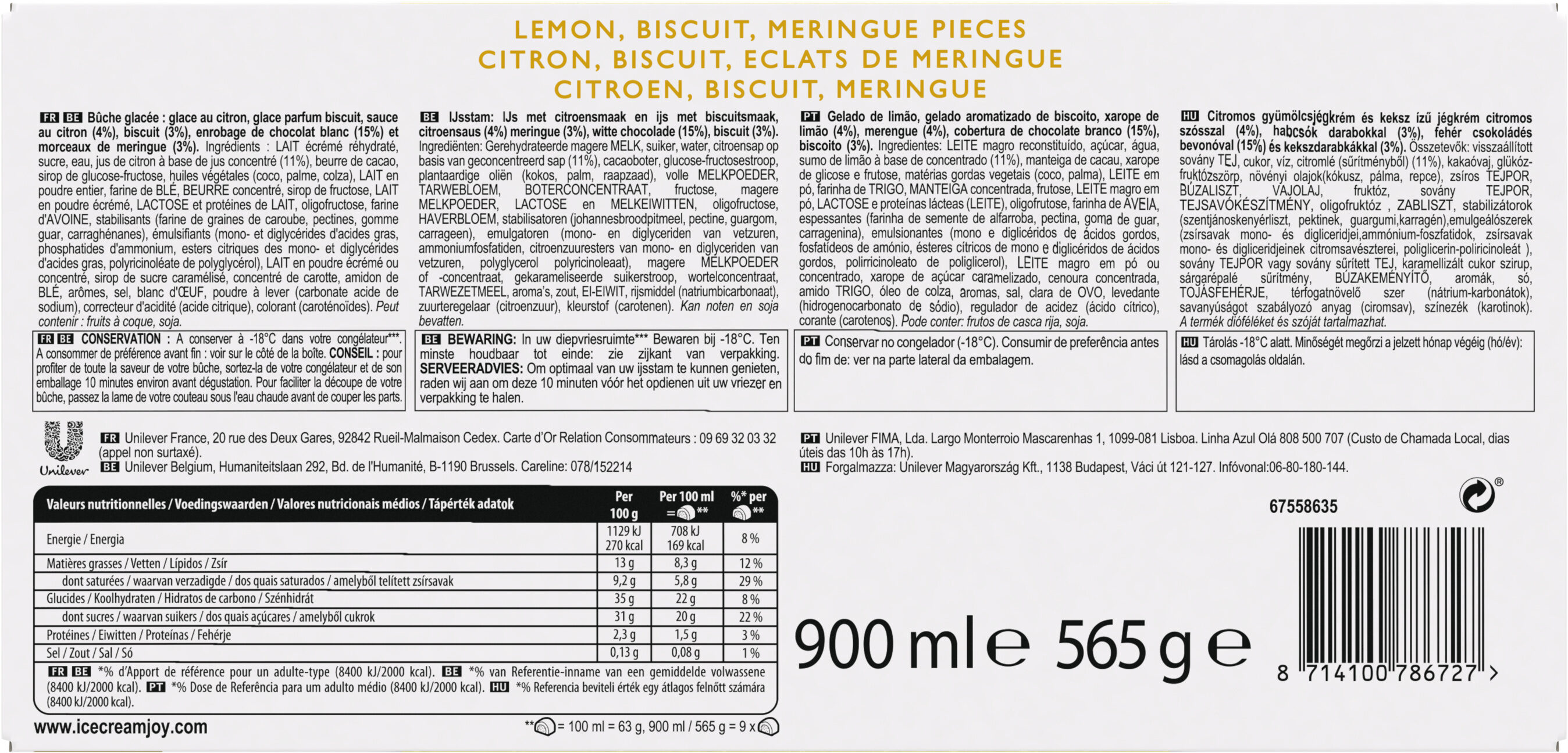 Carte D'or Collection Buche Glacée Collection Tarte au Citron Meringuée 9 parts 900ml - Voedingswaarden - fr