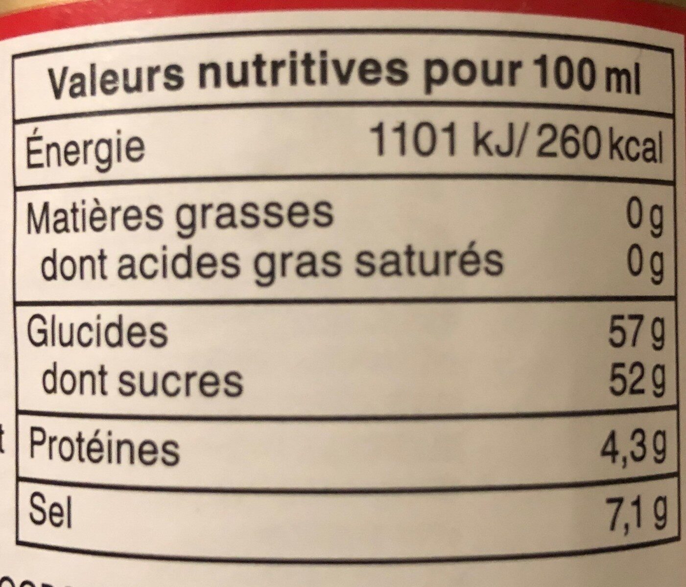 Sauce soja sucrée - Tableau nutritionnel