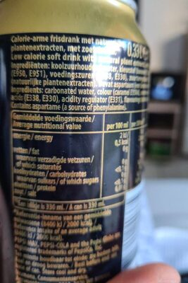 Pepsi max zéro caffeine - Tableau nutritionnel