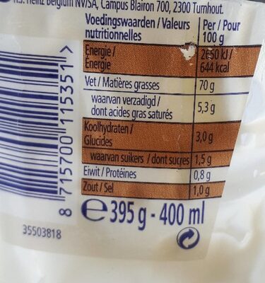 mayonnaise original - Tableau nutritionnel