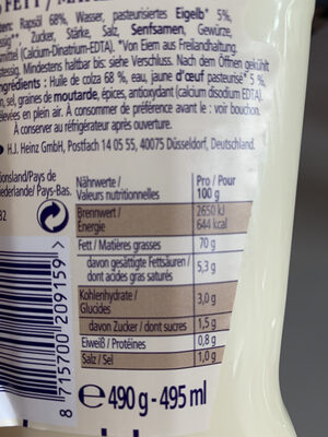 Mayonnaise Das Original - Tableau nutritionnel