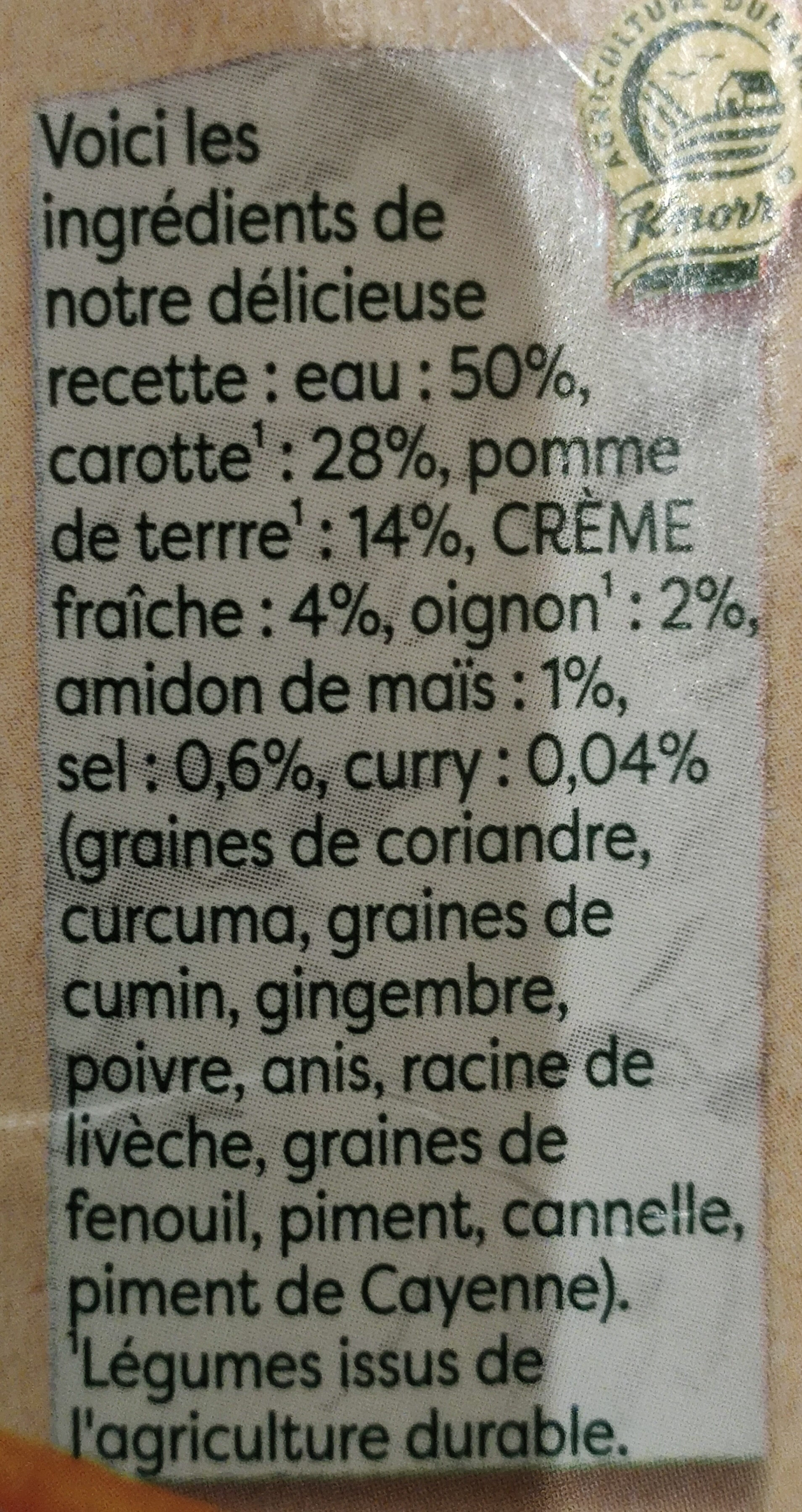 KNORR Et C'est Tout Soupe Liquide Velouté de Carottes Pointe de Curry 750ml - Ingrédients