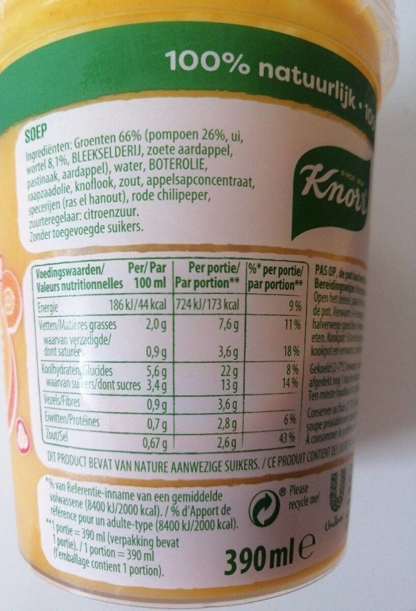 knorr 100%naturel potiron carotte - Voedingswaarden - fr