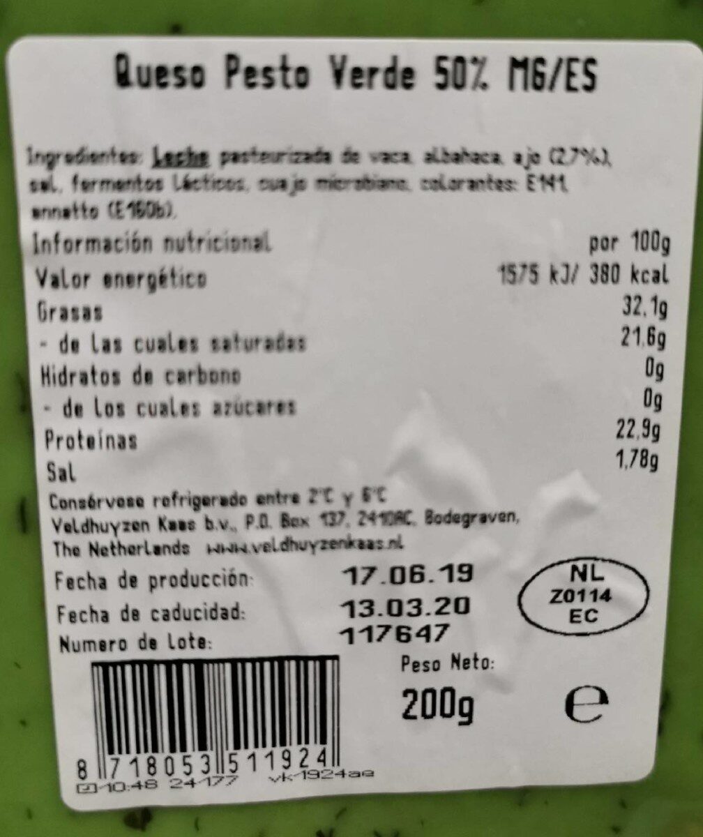 Pesto verde - Informació nutricional - es
