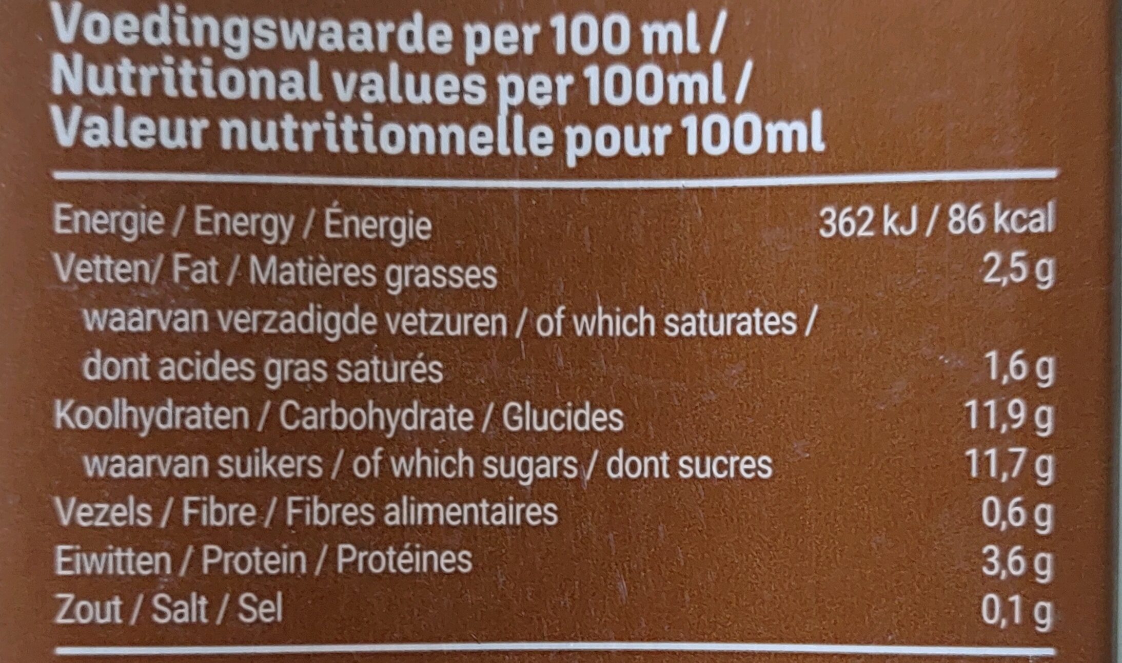 Chocolademelk UHT - Voedingswaarden