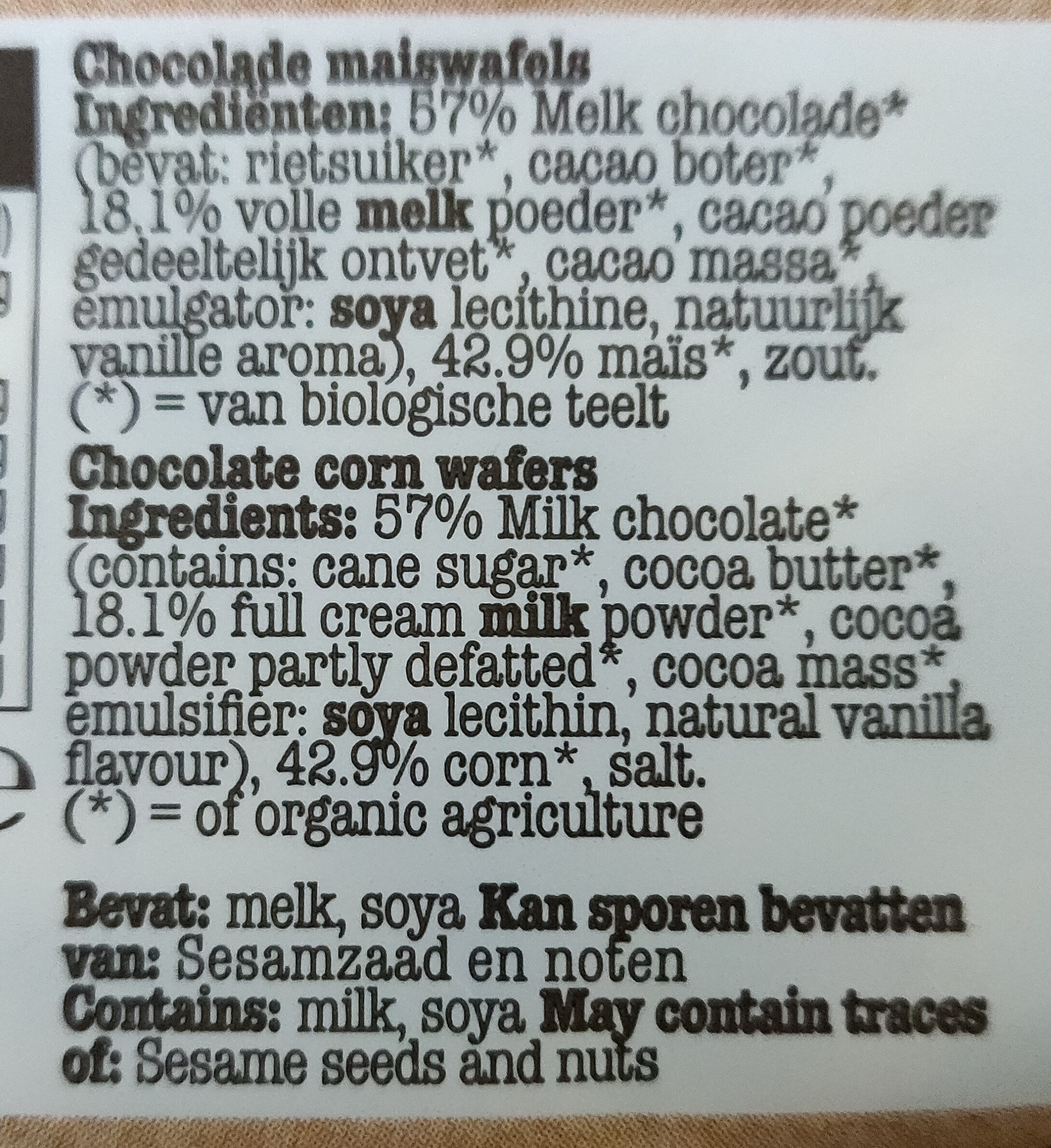 Maïswafels melk chocolade - Ingrédients - nl