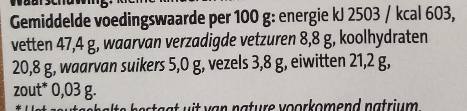 Cashew noten ongezouten - Información nutricional - nl