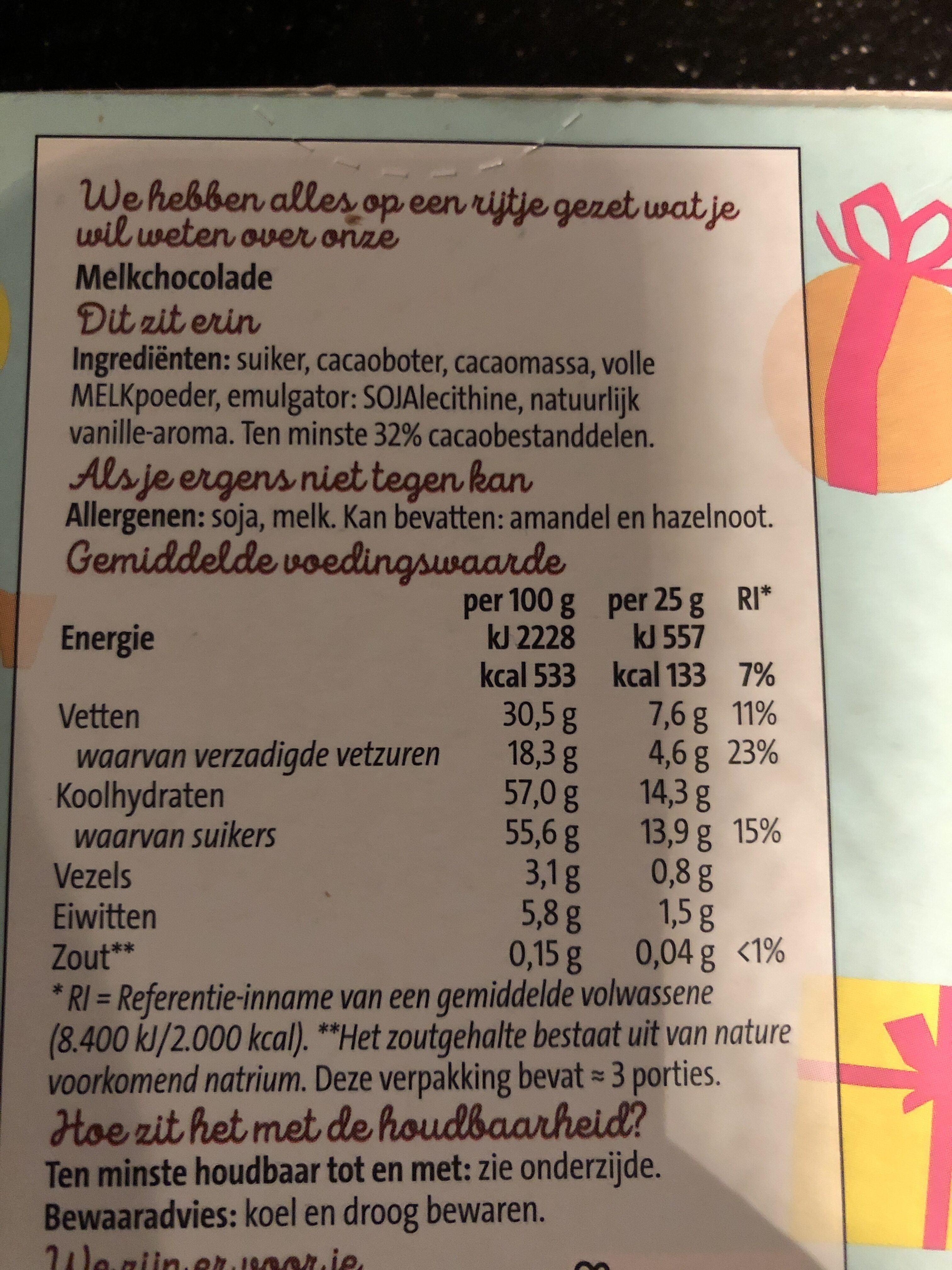 chocoladeletter melk - Voedingswaarden