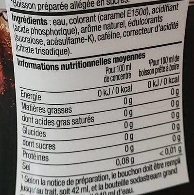 Cola light - Tableau nutritionnel
