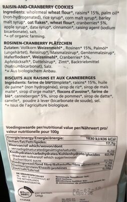raisin-cranberry cookies - Tableau nutritionnel