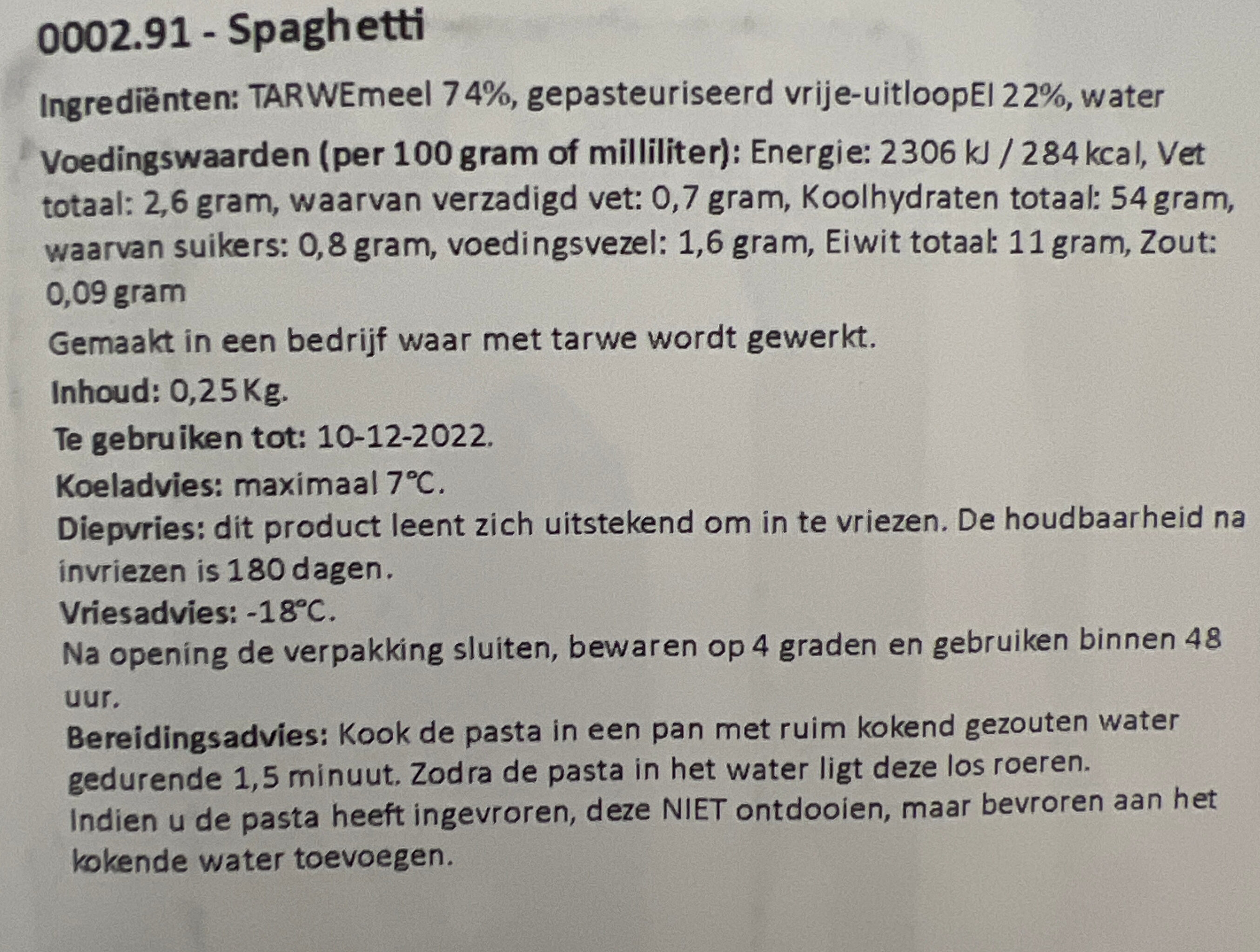 verse pasta - Tableau nutritionnel - nl