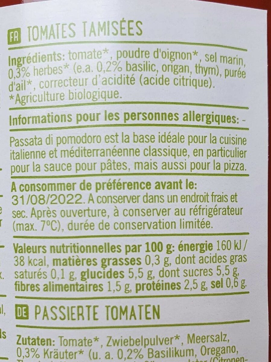 Passata di pomodoro - Tableau nutritionnel