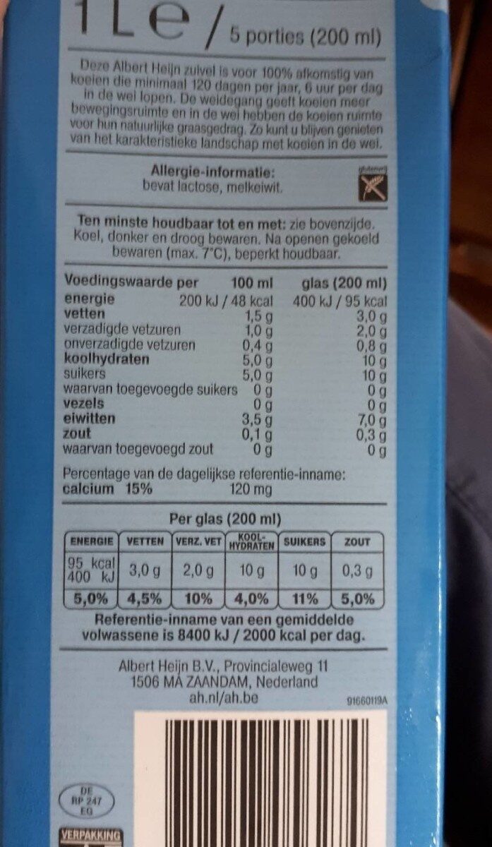 Halfvolle melk - Tableau nutritionnel