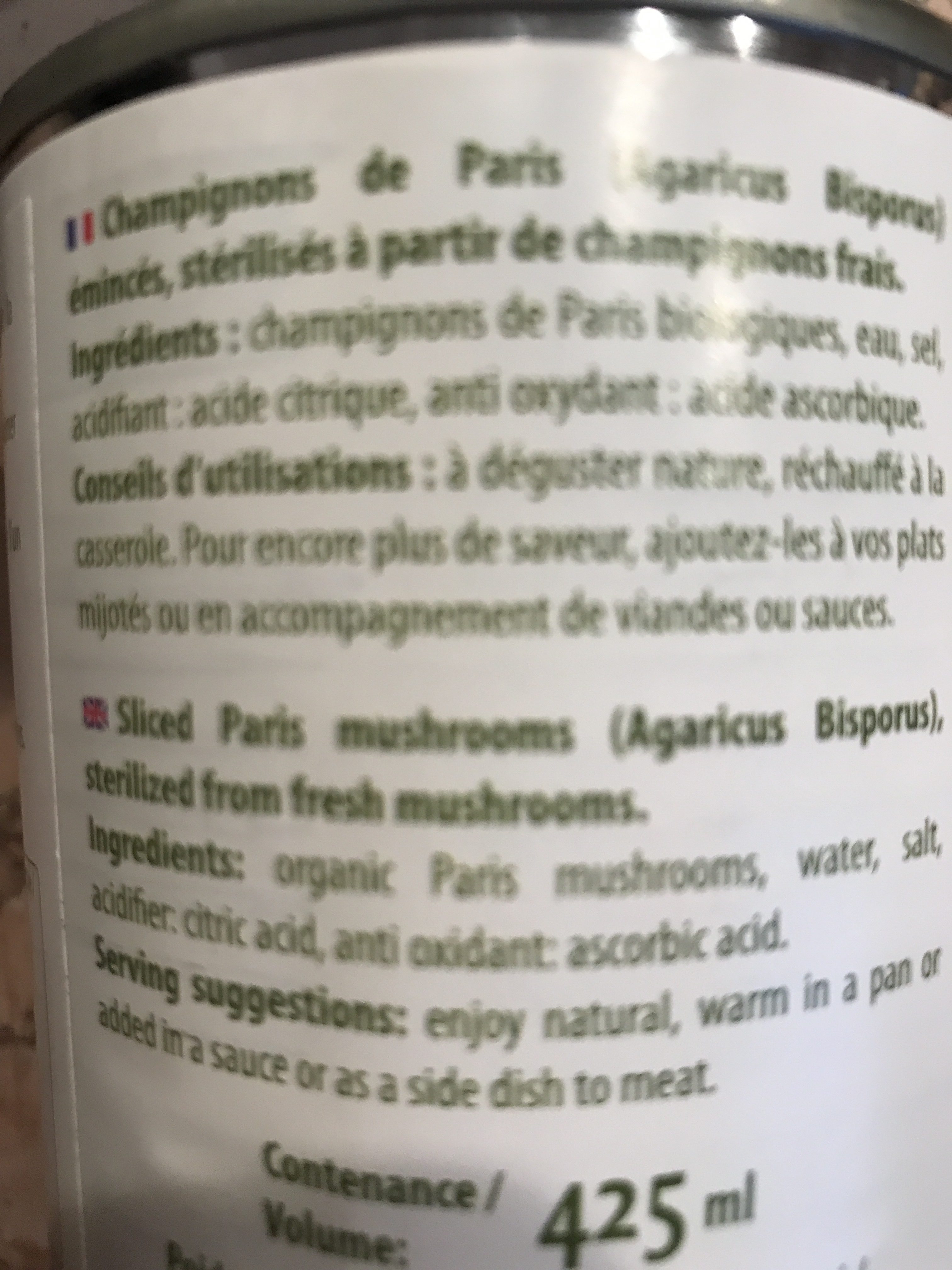 Champignons de Paris émincés - Ingrédients