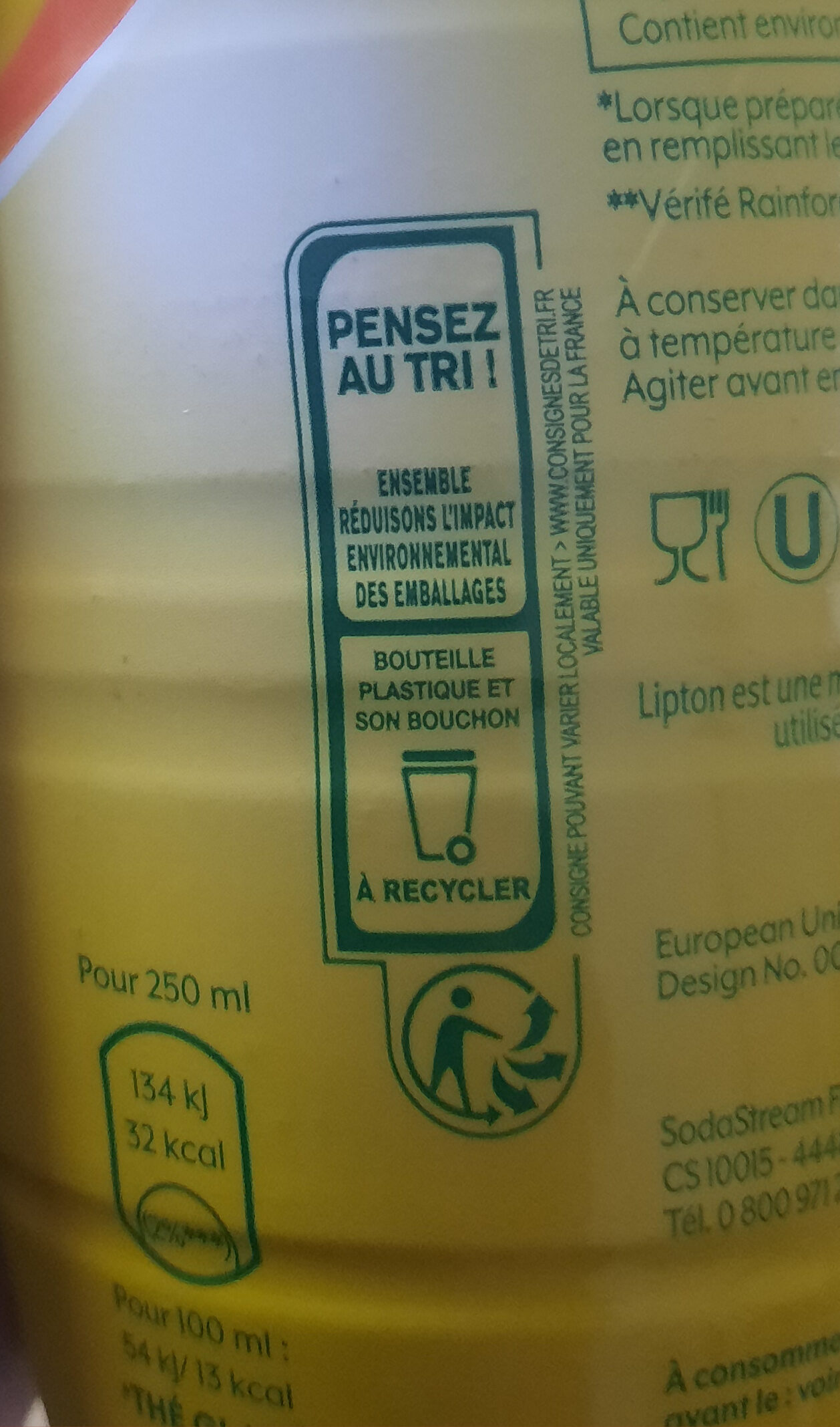 Lipton Sodastream Saveur Peche ice Tea - Recycling instructions and/or packaging information - fr