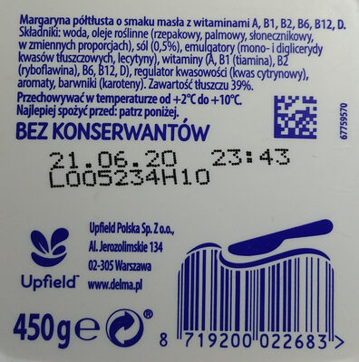 Margaryna półtłusta o smaku masła z witaminami A, B1, B2, B6, B12, D. - Ingrediënten - pl