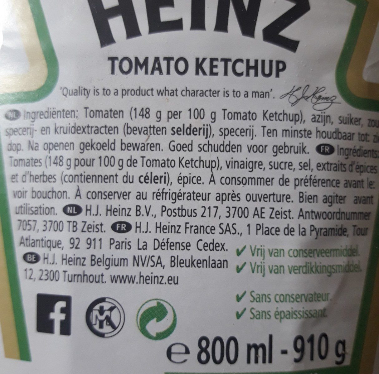 Tomato Ketchup 910 g flacon - Ingrédients