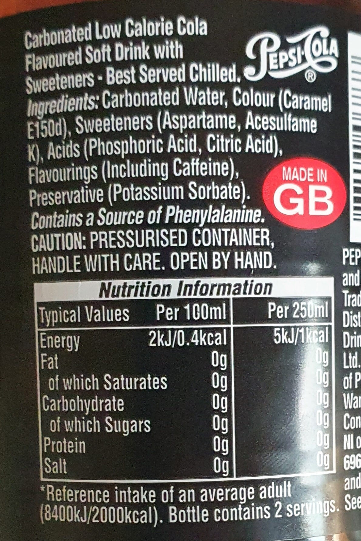 Pepsi MAX - Ingredients & Nutritional Information