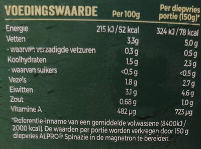 Spinazie met Alpro 100% plantaardig - Tableau nutritionnel - nl