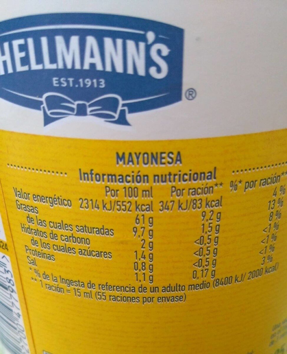 Mayonesa - Tableau nutritionnel