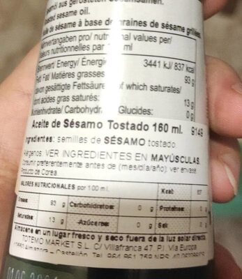 Aceite de sesamo tostado - Voedingswaarden - de
