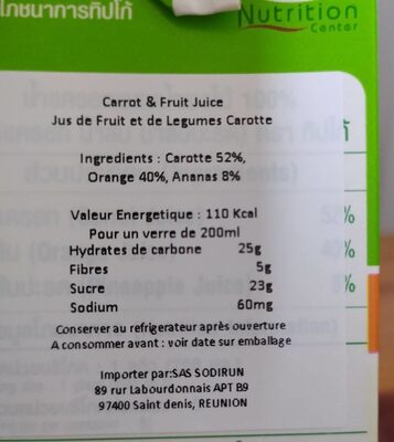 Tipco Carrot and Mixed Fruit Juice - Nutrition facts - fr