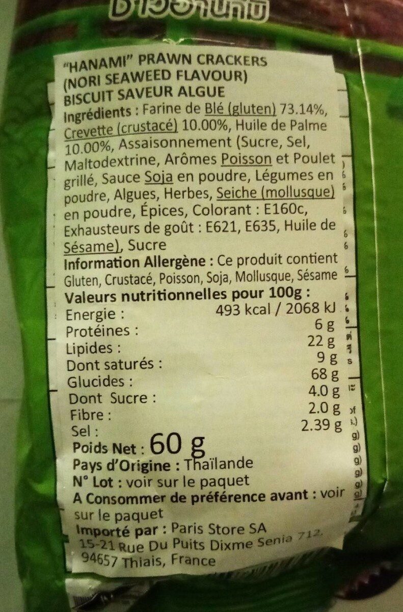 Hanami Prawn Crackers Nori Seaweed Flavour (60G) - Tableau nutritionnel