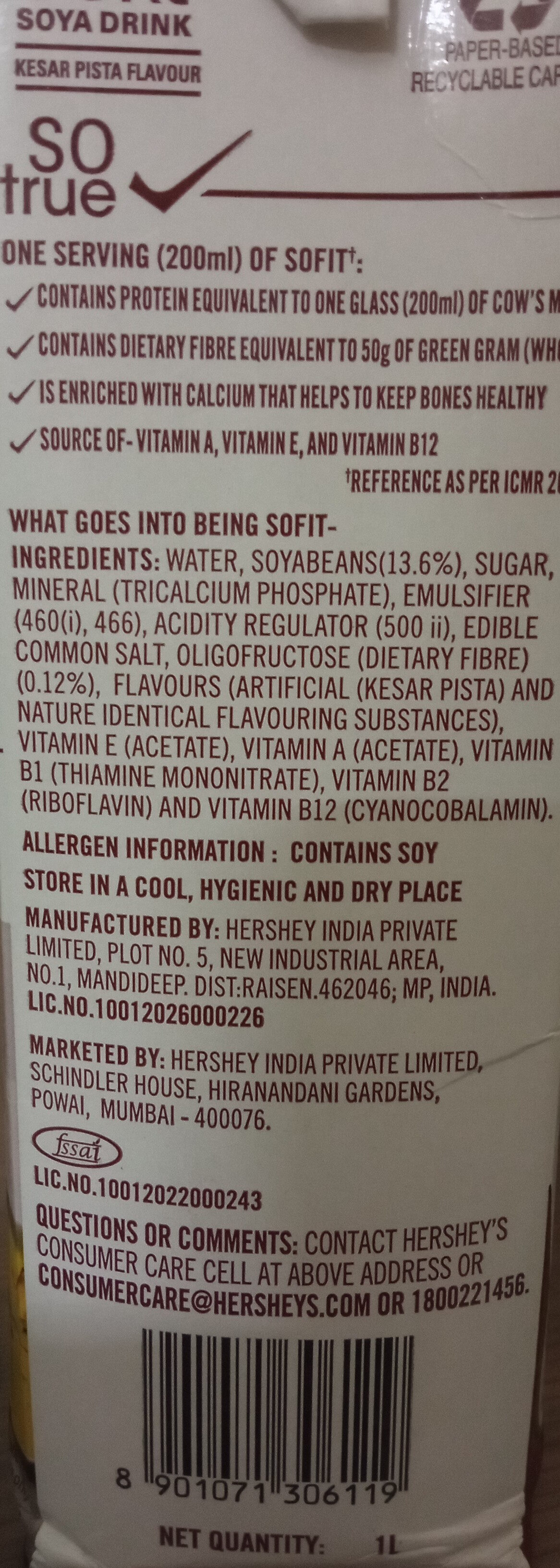 Sofit Soya Drink (Kesar Pista Flavour) - Ingredients