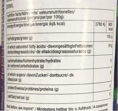 Fiche nutrition Coconut oil Parachute 200ml(182g)